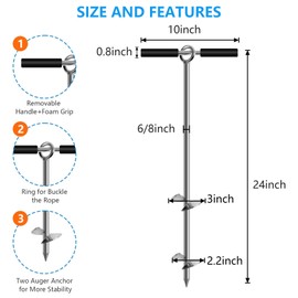24" Sand Anchor,Chromium-Plated Steel Boat Screw Anchor with Removable Handle,Boat Sand Anchor with Bungee Dock Line,Shallow Water Anchor for Jet Ski,PWC,Pontoon,Kayak,Canoe