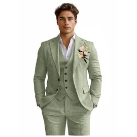 Mens Linen Suits 3 Piece Classic Fit Sage Green Tuxedo Suit for Wedding Lightweight Formal Business Blazer Jacket and Pants M
