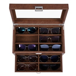 BEWISHOME Sunglasses Organizer, 12 Slots Sunglasses Case for Women Men, Eyeglasses Eyewear Display Case with Clear Glass Top, Faux Leather,Brown SSH48Z