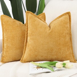 Madizz Set of 2 Chenille Velvet Cushion Covers with Flange Soft Boho Textured Throw Pillow Covers Broadside Pillowcases Modern Farmhouse Home Decor for Sofa Bedroom Yellow 24x24 inch, 60x60 cm
