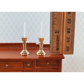 Dollhouse Tall Candlestick Holders with Candles Gold Set of 2 1:12 Scale Metal