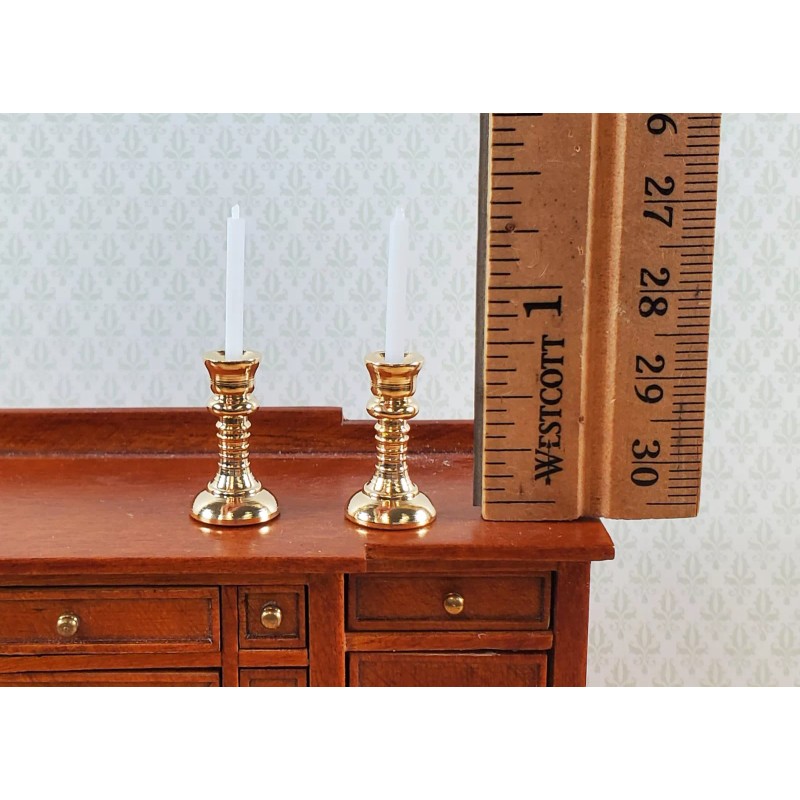 Dollhouse Tall Candlestick Holders with Candles Gold Set of 2
