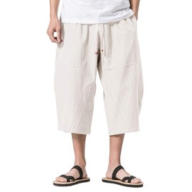KEFITEVD Men's Summer Three Quarters Loose Cotton Linen Shorts Breathable Baggy Wide Leg Yoga Long Shorts with Pockets Beige, 36