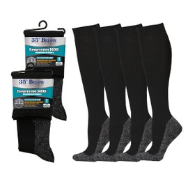 35° BELOW Compression Knee High Socks for Men/Women. Best for Travel, Nursing, Sports, Running. Aids in Circulation, Minimizes Swelling and Leg Discomfort. Keeps You Warm, 2 pairs Blk, Lg