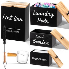 Dandat 4 Pcs Laundry Room Organization and Storage, Dryer Sheet Holder Laundry Pod Holder Scent Booster Container Magnetic Lint Bin with Scoop and Brush Wood Farmhouse Laundry Room Container (Black)
