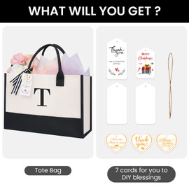 BAGAIL Initial Canvas Tote Bag, Monogrammed Christmas Gifts for Women, Beach Bag for Friends, Teachers, Wedding, Birthday(Letter T)