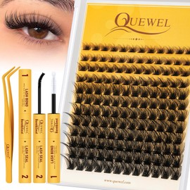 QUEWEL Lashes Cluster Kit, 144pcs Lash Clusters Mix 10-14mm DIY Lash Extension Kit With Lash Bond and Seal, Lashes Clusters Tweezers for DIY Natural Eyelash Clusters(ZS-Mega-TZ)