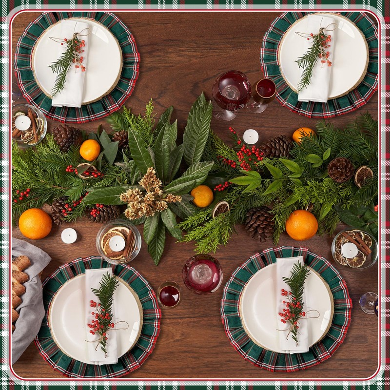 6 Set Round Christmas Plaid Placemats, Red Green