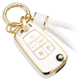 CTRINEWS for Chevy Key Fob Cover with Metal Braided Rope Keychain, Upgraded Soft Key Case for Buick Cruze Equinox Camaro Malibu Impala Spark Sonic GMC (5 Buttons) Key Fob Shell (Gold, A1)