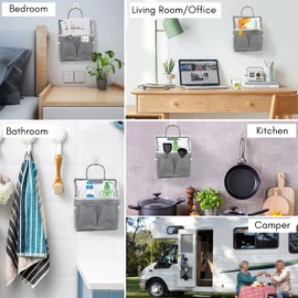 Kanrichu 3pcs Small Wall Hanging Organizer Bag, Linen Fabric Door Hanging Storage Basket with Pockets, Waterproof Bin for Kitchen, Bedroom, Office, RV Camper (Gray)