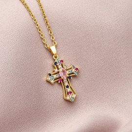 StyleJella Colorful Gold Cross Pendant Y2k Necklace for Women - Cute Multicolor Pink Crystal Cubic Zirconia Turquoise Stone Gothic Cross Necklaces Costume Christmas Goth Chain Prom Jewelry Gift