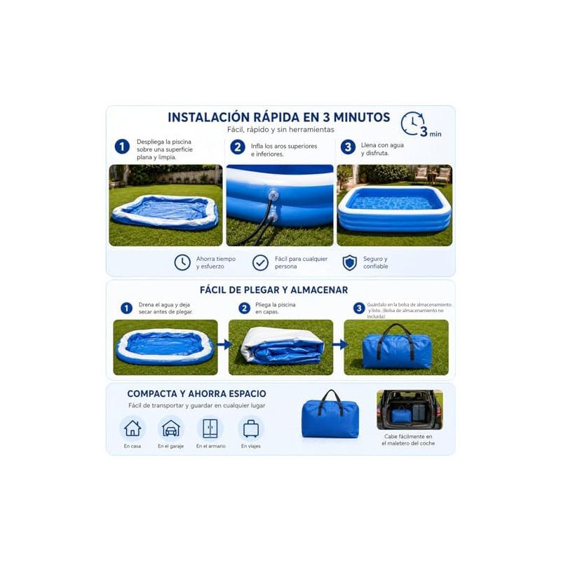 Alberca Inflable 262x175x50cm para Niños y Adultos, Piscina Rectangular Familiar