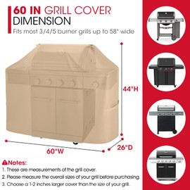 Unicook Heavy Duty Waterproof Grill Cover 60 Inch, BBQ Cover for Outside, Compatible with Weber Char-Broil Nexgrill Kenmore 3-5 Burner Gas Grills up to 58”, All Weather Protection, Light Brown