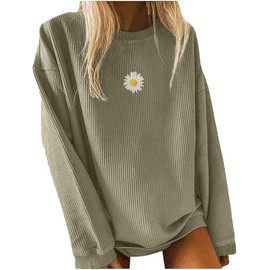 Beciolindy Womens Crewneck Sweatshirts Cored Corduroy Daisy Graphic Casual Oversized Long Sleeve Pullover Tops Army Green