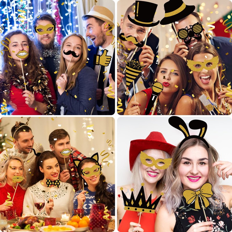 Kaluofan 25 PCS Black and Gold Party Decorations, Photobooth Party