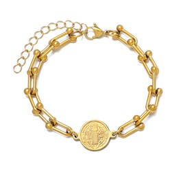 KOMI St Benedict Bracelet for Women 18K Gold Plated Stainless Steel U-shaped Chain Link Saint Benedict Medal Bracelet Catholic Religious Protection Jewelry Gifts
