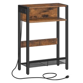 CHOEZON Narrow Side Table with Charging Station, Skinny End Table, Slim Nightstand for Small Space, Sofa Beside Table with Storage Shelf, for Living Room, Bedroom, Rustic Brown and Black TBZ05UBF