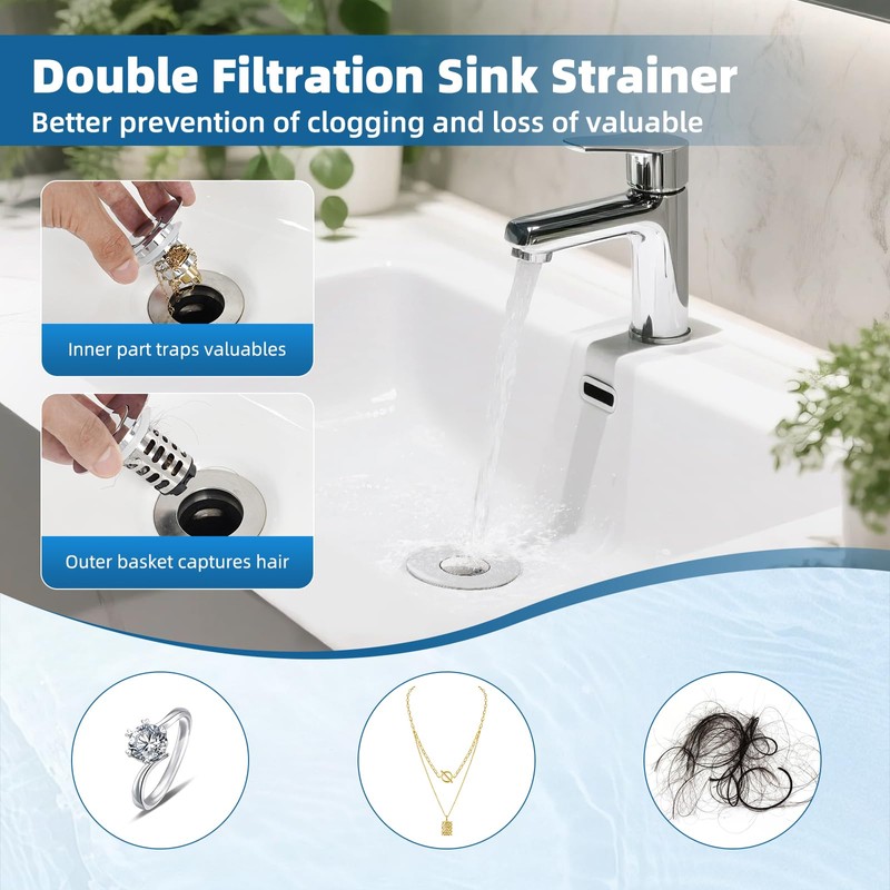 iFealClear Upgraded 4-in-1 Bathroom Sink Drain Stopper Hair Catcher, Universal
