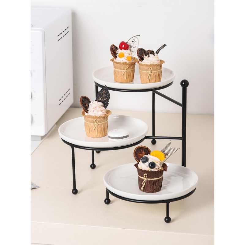 Kanwone 3 Tiered Serving Stand with White Porcelain Plates, Tiered