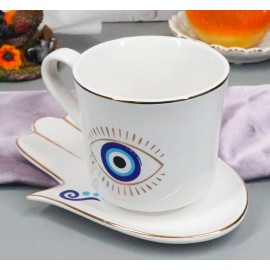 White Evil Eye Of Providence Hamsa Palmistry Hand Palm Mug Cup With Saucer Set