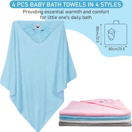 YFNVH Pack of 4 Hooded Towels for Babies, 80 cm Soft Coral Fleece Bath Towels for Newborns, Toddlers & Children with Cute Animal Motifs - Elephant, Bear, Kitten, Dog