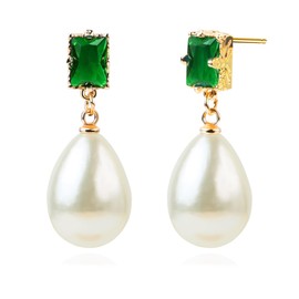 Trinckle Emerald Green Earrings, Christmas Earrings for Women Vintage Pearl Dangle Earrings Large Pearl Earrings 14k Gold Teardrop Emerald Green Costume Earrings for Teen Girls Christmas Jewelry Gifts