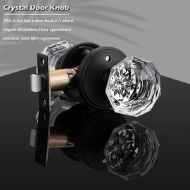 Gobrico Diamond Door Knobs 3 Pack Matte Black Finished Crystal Glass Doorknobs Octagon Style Clear Interior Bed Bath Locks Privacy Door Handles with Classic Rosette