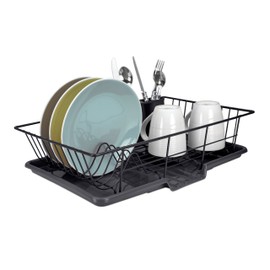 Home Basics Dish Drying Rack (Black) Dish Drainers for Kitchen Counter | with Sloping Tray and Utensil Holder | Big Dish Drying Rack