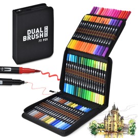 72/100/120 Colores Plumones Doble Punta Pencil, POVOLE Marcadores a Base de Agua No Toxico, Cepillo de Nailon 1-2mm y Punta Fina 0.4mm Para Niños y Adultos, Colorear Lettering Dibujar Caligrafía