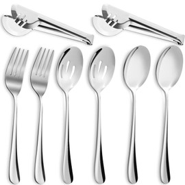 Stainless Steel Serving Utensils,Large Serving Spoon Set,8.5"Slotted Serving Spoons,8.5"Serving Spoons,8.8"Serving Forks,9.5''Serving Tongs,Buffet Catering Serving Spoons Fork Tongs(8PCS) (Silver)