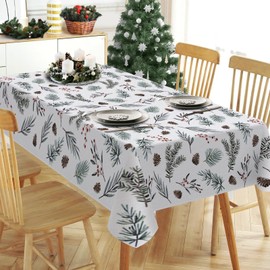 Tailus - Mantel rectangular de hojas de pino de invierno de 60 x 120 pulgadas, cono de pino de hojas, bayas rojas, mantel decorativo para mesa de comedor de granja, Navidad, día festivo, cena, fiesta,