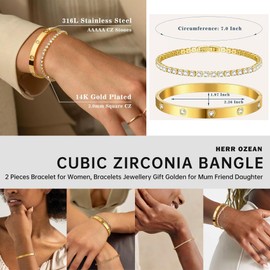 Herr Ozean Women's Tennis Bracelet Cubic Zirconia Bangle Bracelet: 2 Pieces Bracelet for Women Stainless Steel 6 mm Wide 17 cm Bracelets Jewellery Gift Golden for Mum Friend Daughter, [Stainless Steel