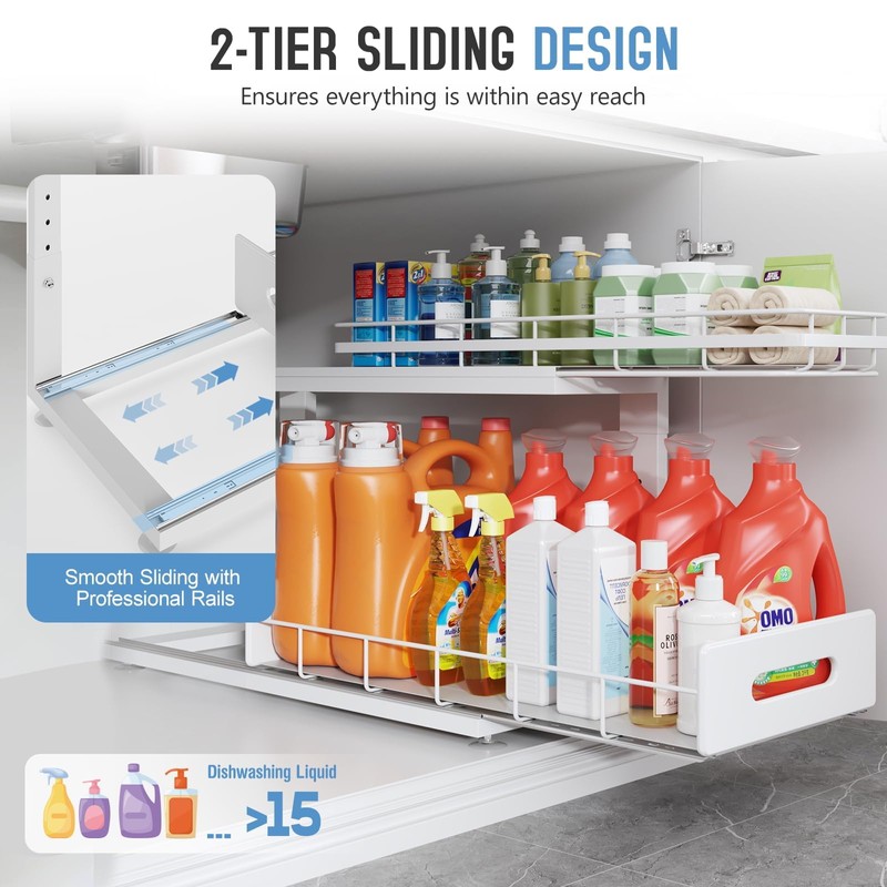 Biboraya Under Sink Organizer Upgrade To Professional Rails,2-Tier Dual Pull