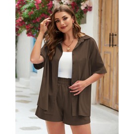 IN'VOLAND Women's Plus Size 2 Piece Outfits Summer Tracksuit Cotton Linen Shirt and Elastic Waist Shorts Summer Casual Tracksuits