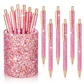 Bling Sequin Pen Holder with 6 Pcs Sequin Click Pens Cute Glitter Retractable Ballpoint Pens, Pencil Cups for Desk Organizer Makeup Brush Holder for Women Girls Classroom Offices(Pink)