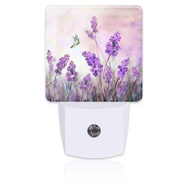 sndheke Purple Lavander Flowers Butterfly Night Light Plug into Wall,Watercolor Lavander Floral Dusk to Dawn Night Light,0.5w Energy Saving Sleep Friendly Nightlights for Kids Boys Girls Home