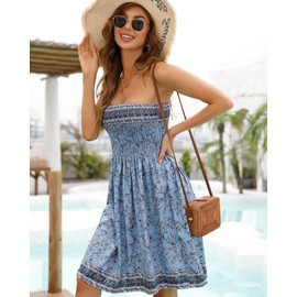 Women’s Summer Dresses Beach Cover ups Casual Strapless Boho Floral Swing Sundress (BK-Blue,XL)