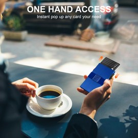 TOYFID Slim Wallet for Men, Metal Card Holder, Minimalist Pop Up Men's Wallet, RFID Blocking Business Card Holder with Backplate and Money Strap for Quick Card Access, blue, Modern