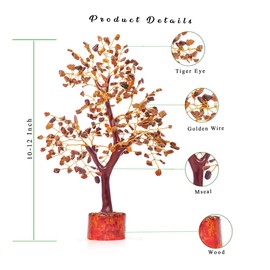 FASHIONZAADI Tiger Eye Crystal Chakra Tree Feng Shui Reiki Healing Stone Crystals Reiki Chakra Balancing Good Luck Wealth Décor Buddha Gifts Positive Good Energy Stones 10-12 Inch (Golden Wire)