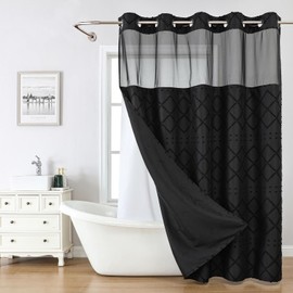 eachope Black No Hook Shower Curtain and Fabric Liner Set, Boho Tufted Chevron Striped and Shabby Chic Textured Shower Curtain with a See-Through Top Window, Hotel Décor, 71" W x 77" H