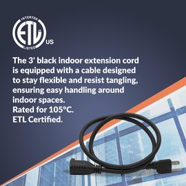 Newhouse Electric 3-Foot Black Power Extension Cord EXTCORD3FT-BL, Plug Extension Outlet Supports 2-Prong and 3-Prong Devices, Heavy-Duty Power Cord with Single Electrical Outlet