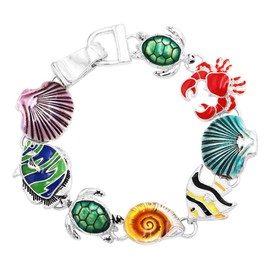 Rosemarie Collections Women's Whimsical Fun Colorful Enamel Charms Easy Clasp Bracelet, 7" (Turtles Fish Seashells)