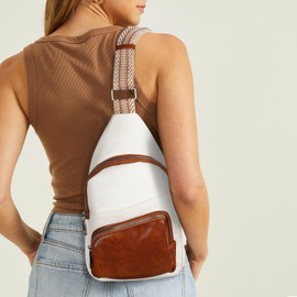 Relang Sling Bag for Women Crossbody, Leather Cross Body Fanny Packs for Women, Trendy Chest Bag for Travel and Daily Use, Cream White Brown, standard