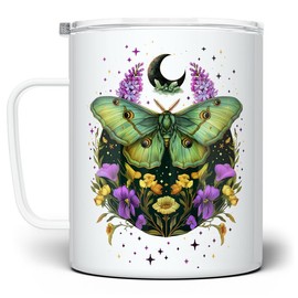 LOFTIPOP Mystic Moth Floral Mug, Celestial Moon Stars Witchy Cottagecore Goblincore Aesthetic Cup - Style: 12oz Enamel Camp Mug