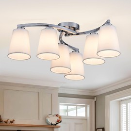 XINGQI 6-Light Modern Chandelier White Fabric Shade, 23" Large Industrial Semi Flush Mount Ceiling Light Fixture for Kitchen Bedroom Dining Room (Chrome), Hallways Staircases Foyer Lighting Fixture