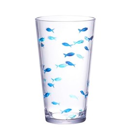 KLIFA- CHARLESTON- 19 oz, Set of 6, Acrylic Fishing Highball, School of Fish Drinking Glasses, BPA-Free, Stackable Plastic Drinkware, Dishwasher Safe Cups, Dark and Light Blue Printing