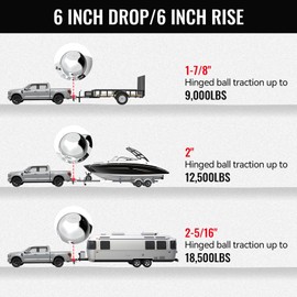 Adjustable Trailer Hitch, 6 Inch Drop/Rise Ball Mount Hitch with 3 Ball hitches and a Hook, Alloy Steel Drop Hitch Fits 2-Inch Receiver, 18,500 LBS GTW-Drop Hitch Ball Mount for Heavy Duty Truck