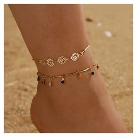 Inilbran Boho Colourful Gemstone Ankle Bracelet Circle Anklet Bracelet Rainbow Gemstone Pendant Anklet Gold CZ Tassel Anklet Jewellery for Women and Girls 2 Pieces, Crystal