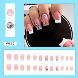 Vezocim Press on Nails Coffin with Butterfly Designs, 24Pcs Artificial Medium Nude Square Fake Nails French, Full Cover Glossy Acrylic Butterflies False Nails, Stick on Fingernails for Women (W539)