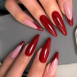 Red French Tip Press on Nails Long Stiletto Fake Nails Full Cover False Nails Glossy Red Glue on Nails Valentines Day Acrylic Nail Kit Reusable Stick on Nails for Coquette Women Girls 24Pcs